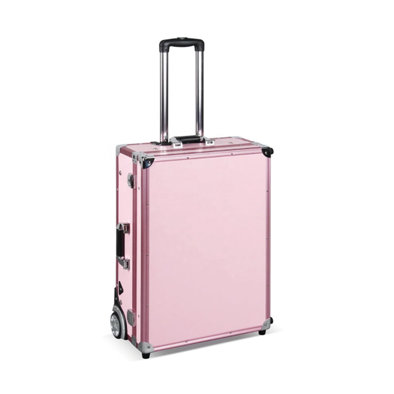 Large rolling makeup station pink trolley case with light mirror