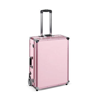 Large rolling makeup station pink trolley case with light mirror